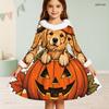 Girls High Neck Long Sleeve Pumpkin Crow Rose Printed A Line Dress