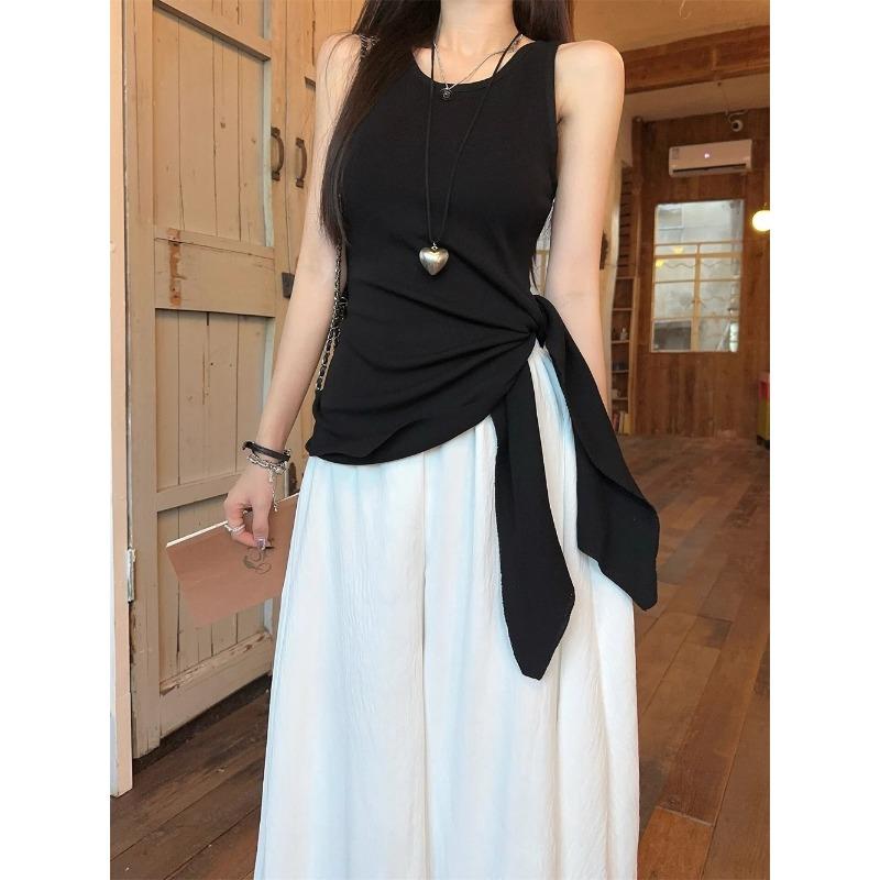Women Orange Ribbed Round Neck Sleeveless Tie Waist Tank Top onesize чёрный