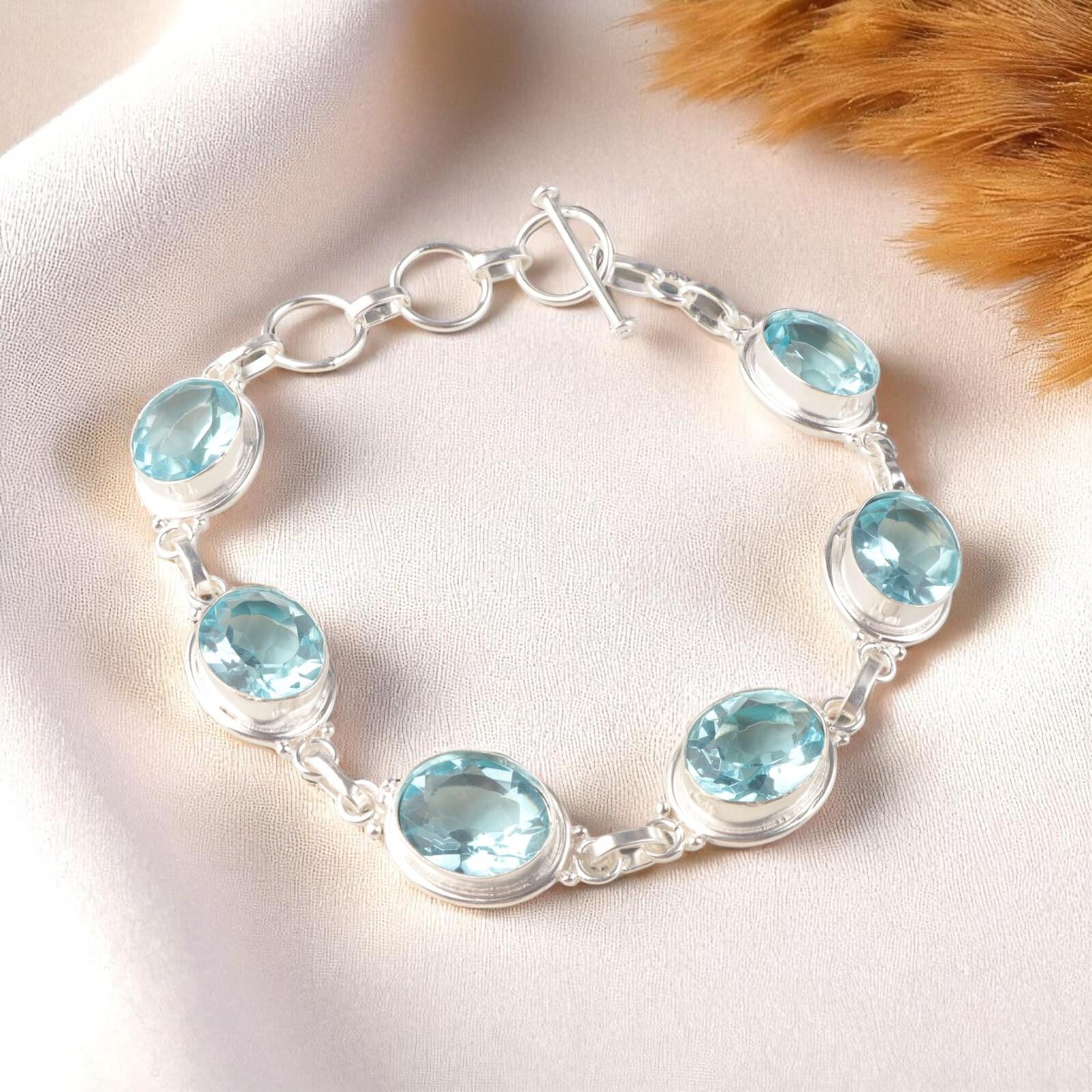 

Драгоценный камень Голубой Топаз Небо 925 Стерлинговое Серебро Ювелирные Изделия Ручной Работы Цепочный Браслет 8.5 RB-3-16