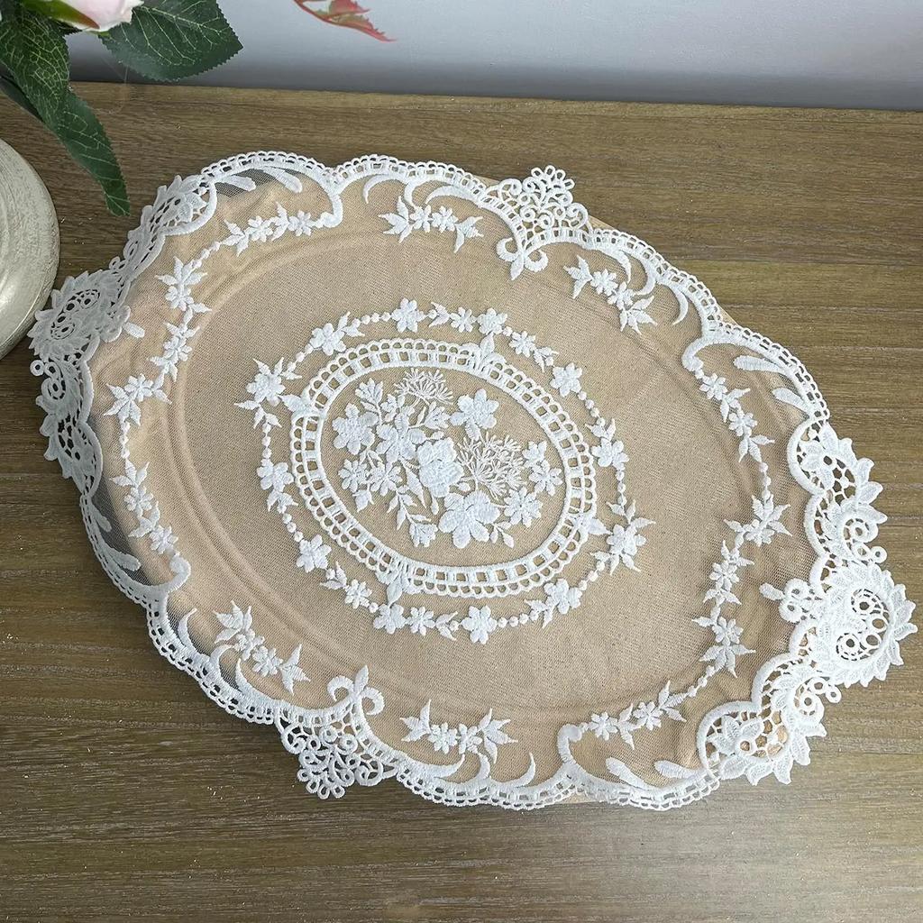 Retro French Style Lace Placemats Fashionable Embroidered Cup Mat vase mat 16.5”x11.6”,White