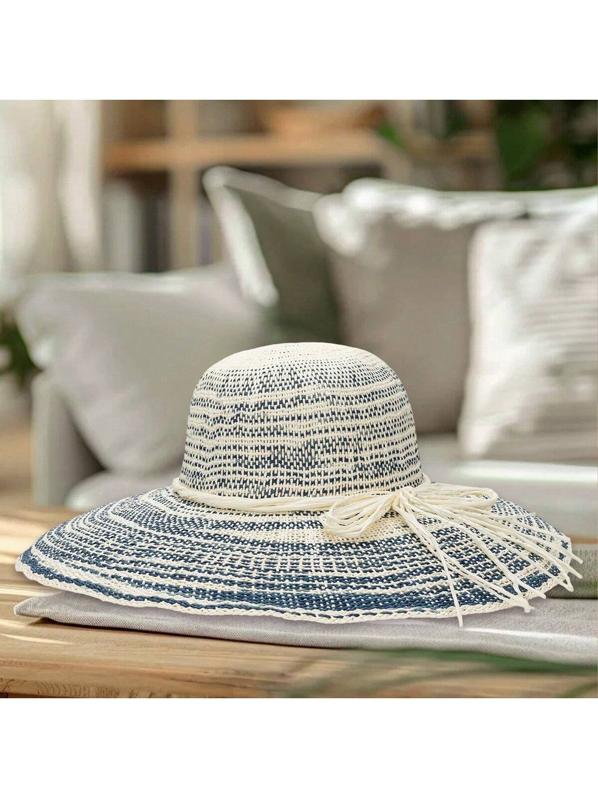 Women s Summer Sun Hat Breathable Wide Brim Gradient Color Straw Sun Protection Beach Cap 58/59