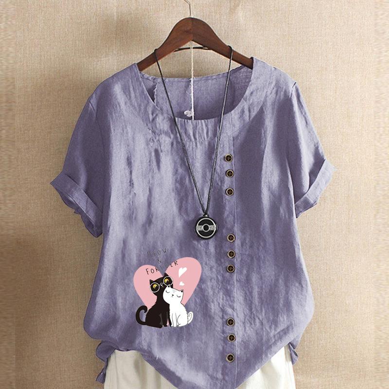 Women's Fashion Couple Cat Prined Short Sleeve T-shirt Loose Cotton Shirt Casual Loose Summer Blouse Tops Plus Size