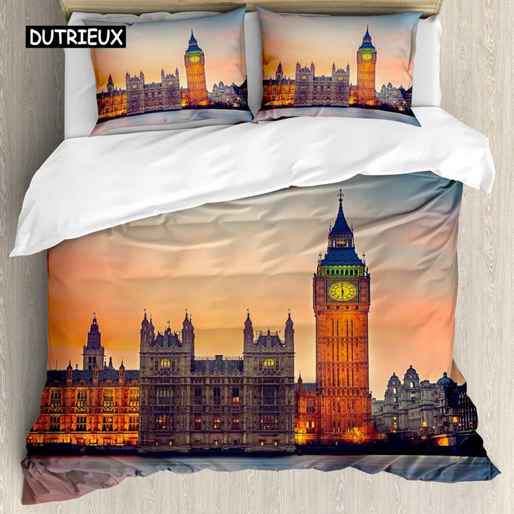 UK London Stil Königin König Bettbezug Britische Elemente Bettwäscheset für Teenager Erwachsene London Bridge Big Ben Polyester Steppdeckenbezug