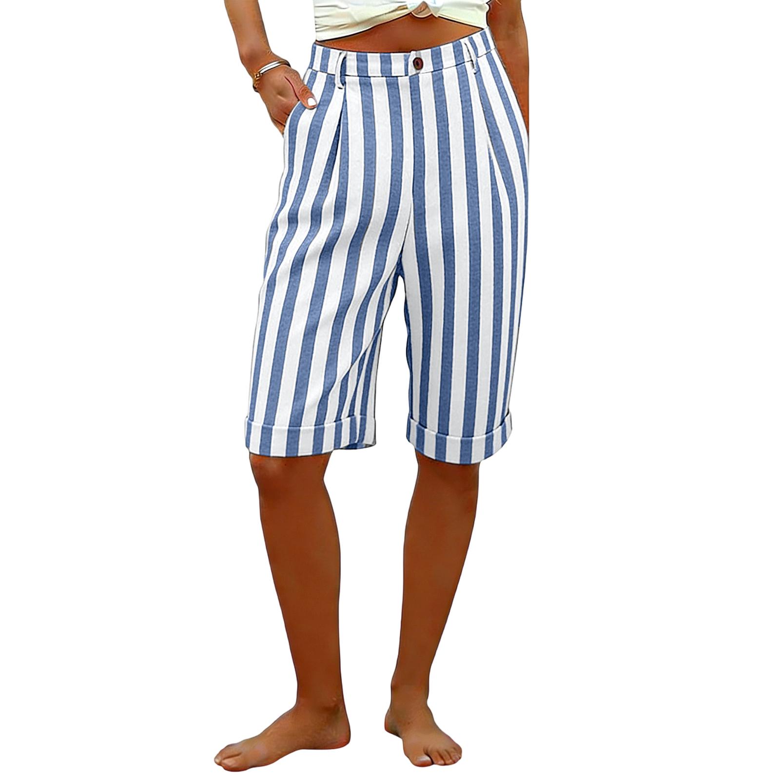Women s Striped Casual Fashion Breathable Loose Cotton-Linen Shorts L