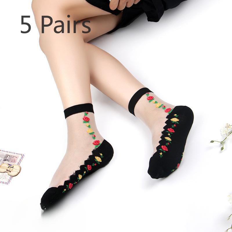 5 Paar Damen Frühling und Sommer Dünne Blume Anti Seide Klare Baumwollsohlen In der Röhre Socken