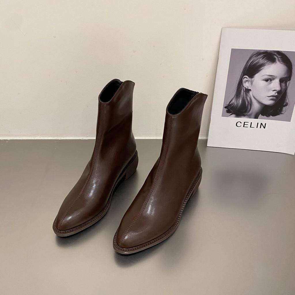 Booties Work Short Shoes for Woman Brown Women's Ankle Boots Pointed Toe Elegant with Medium Heels Footwear Trend 2024 New In Pu