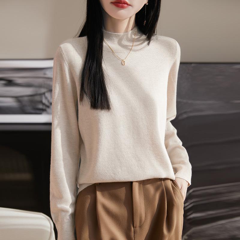 2025 Spring Women's Solid Color Half-High Collar Knit Wool Pullover Sweater