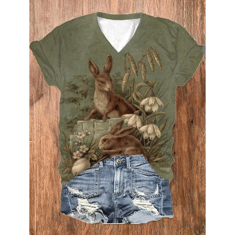 

Летний топ с V-образным вырезом и 3D-принтом с кроликом, модная повседневная женская футболка с коротким рукавом S