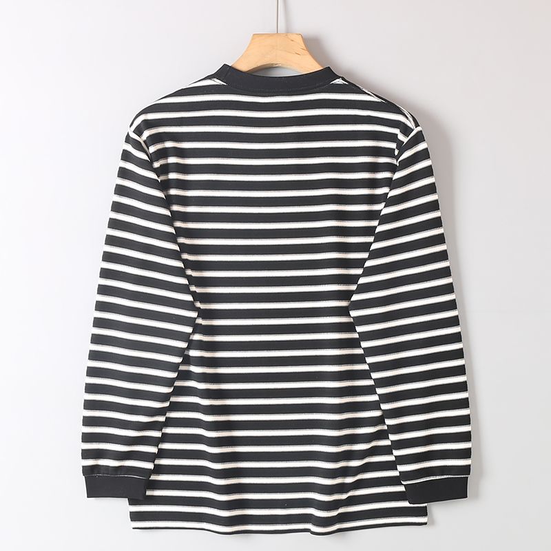 Foreign Trade Export Cut-Label Surplus Double-Sided Yarn-Dyed Striped Long-Sleeve T-Shirt for Men, Autumn Loose Casual Round-Neck Base Shirt