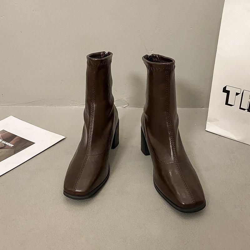 

Корейские минималистичные ботильоны на толстом каблуке, осень-зима 2025, новые, с квадратным носком, задней молнией, высоким каблуком, женские ботильоны из мягкой кожи 40
