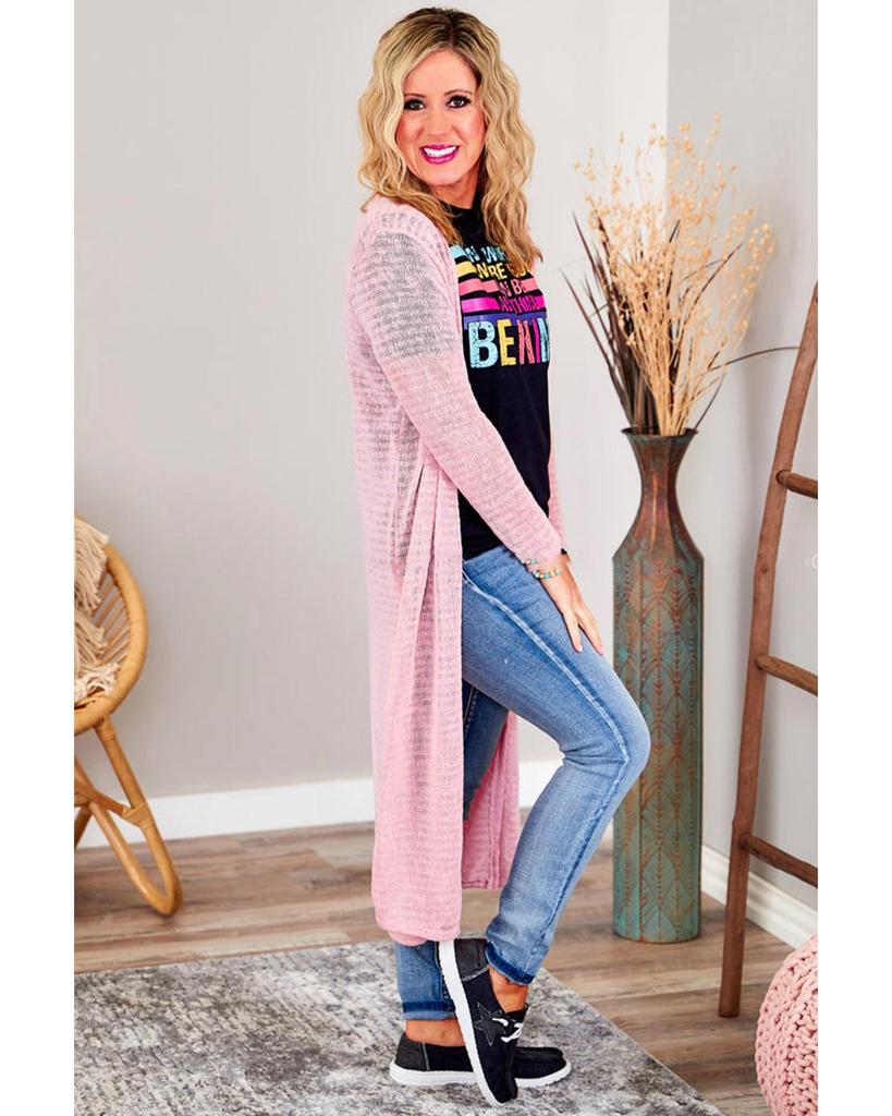 Azura Exchange Pink Sheer Knitted Long Side Slit Plus Size Cardigan