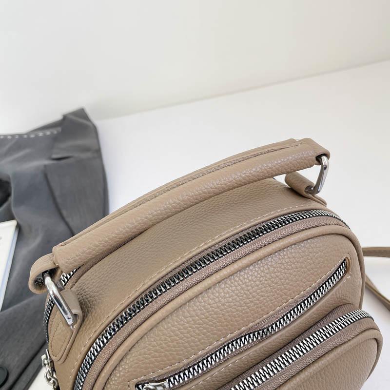Women Mini Round Leather Handbag Multi Zipper Pockets Top Handle Crossbody Bag Adjustable Strap for Daily Use Ladies' Holiday Gifts