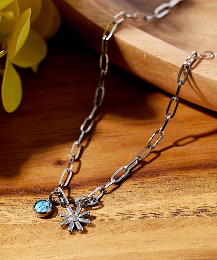 Surgical Link Chain Mini Flower Turquoise Charm Necklace (PLT-NL-033_SV)