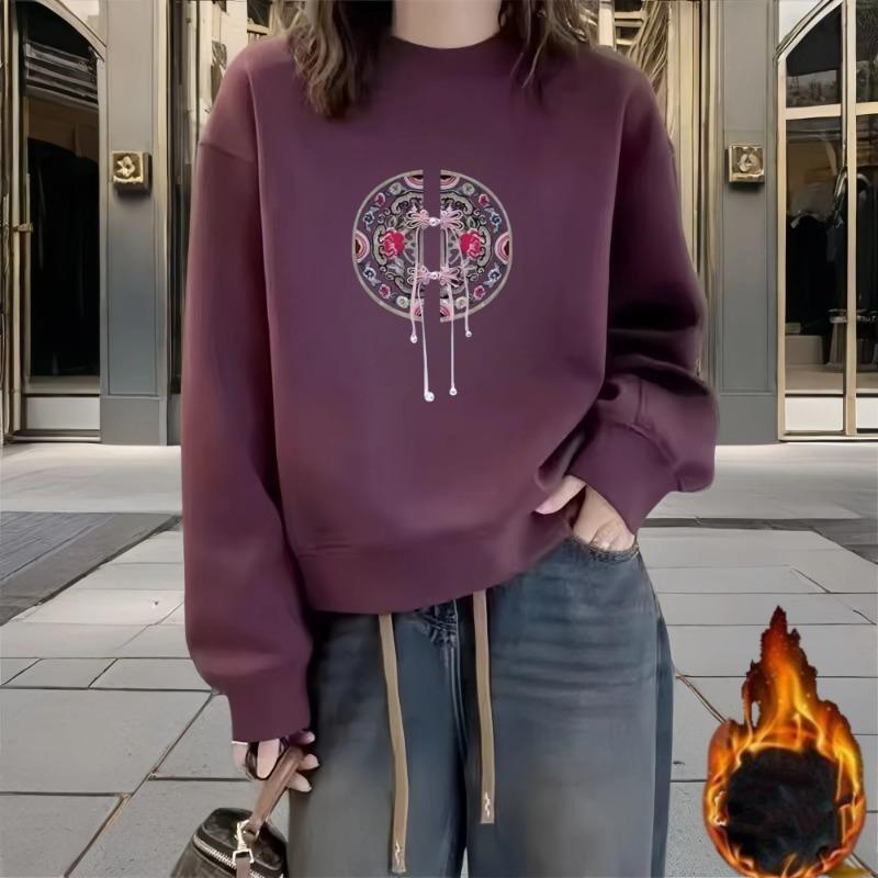 Chinese Embroidery Women Crew Neck Pullover Autumn Winter Fleece Lined Thick Casual Elegant Top