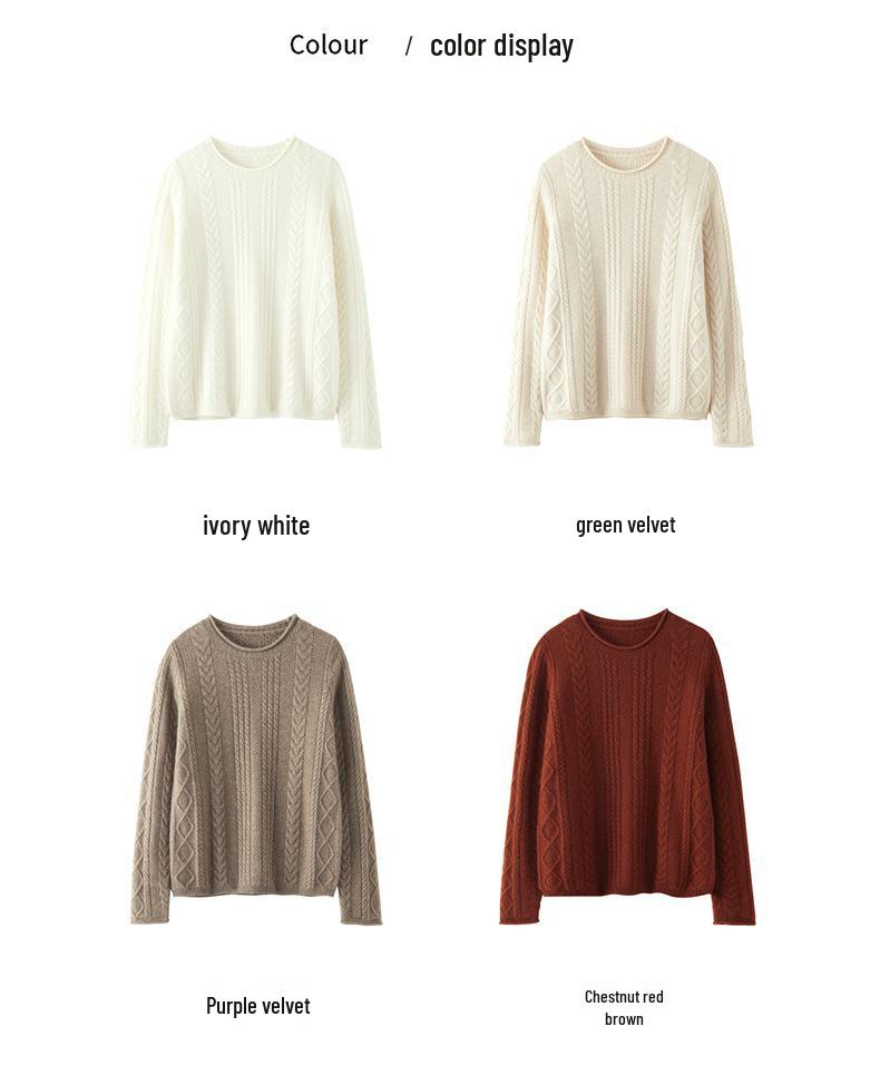 Women's Retro Cable Knit Cashmere Sweater, Round Neck with Rolled Hem, Thick Loose Fit, Cozy Inner/Base Layer.