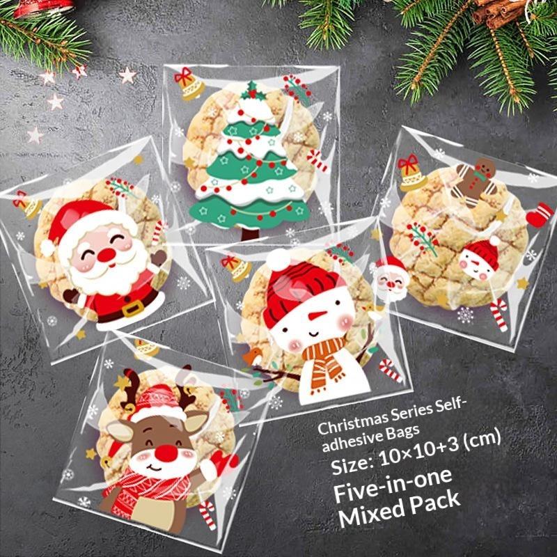 100Pcs Christmas Self Adhesive Treat Bags With Cute Cartoon Prints For Packing Cookies Candies Snacks Christmas Gifts