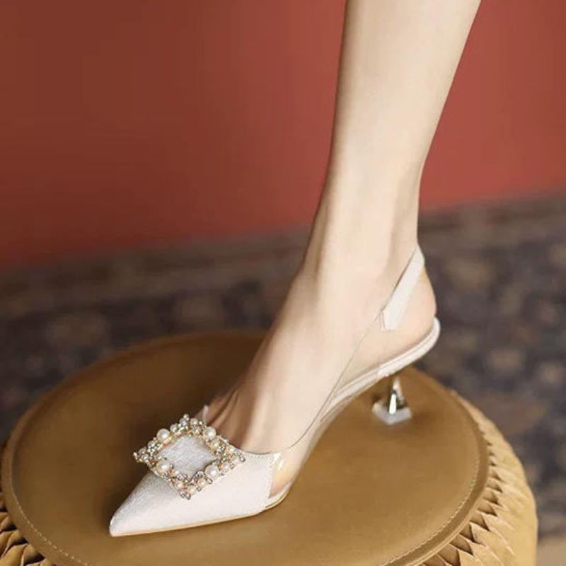 Pointed Toe for Party and Weddings Footwear Sandals Women Ladies Shoes Buckles Summer 2024 Diamond with Medium Heels Rhinestones