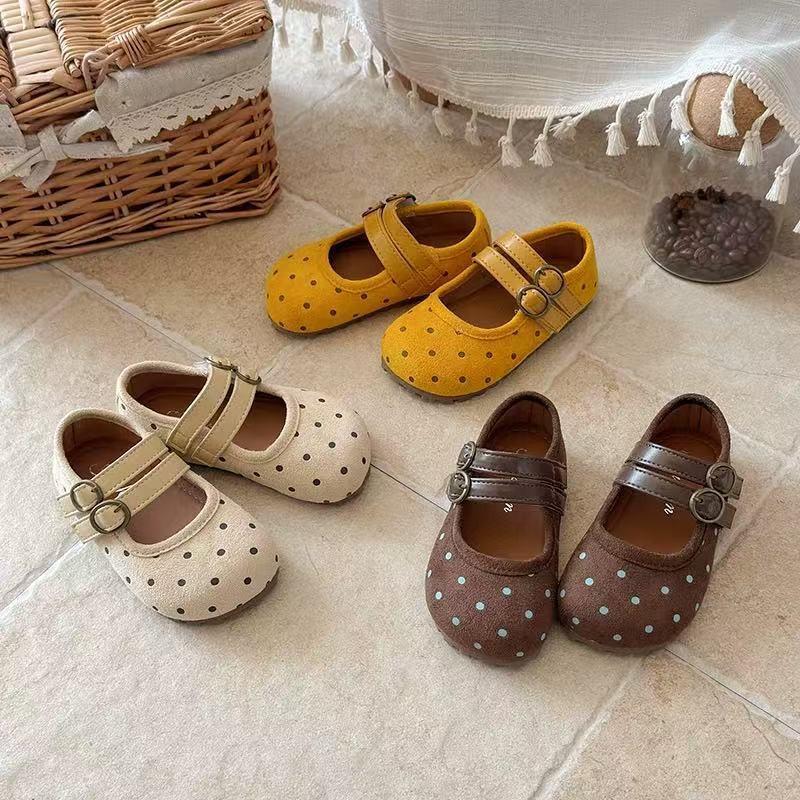 Cute Polka Dot Mary Jane Shoes Girls Soft Sole Comfortable Flat In Yellow Beige Khaki Ages 4-12