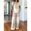 1116 new European and American casual style printing set full of pattern design high waist and wide leg pants two-piece set for women