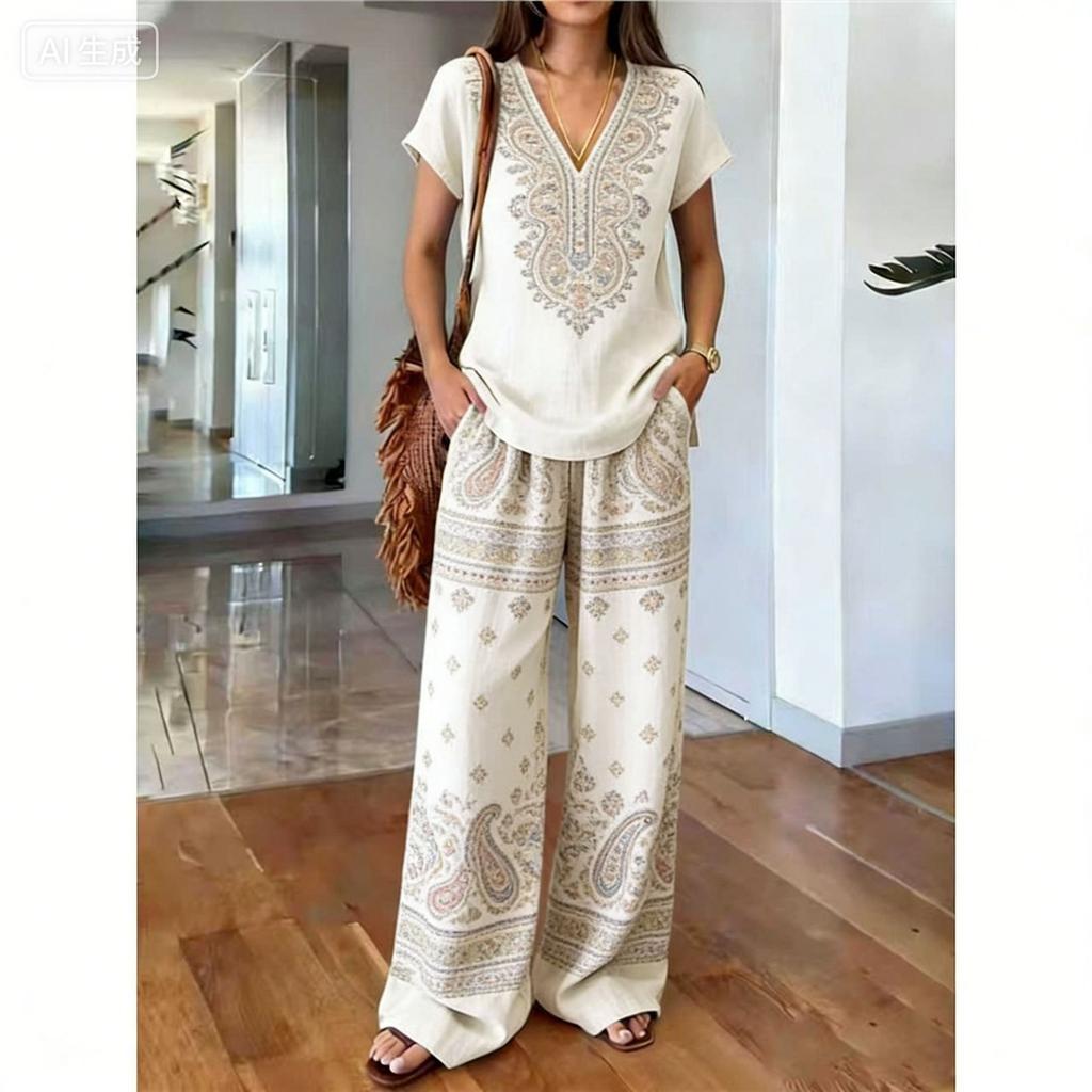 1116 new European and American casual style printing set full of pattern design high waist and wide leg pants two-piece set for women