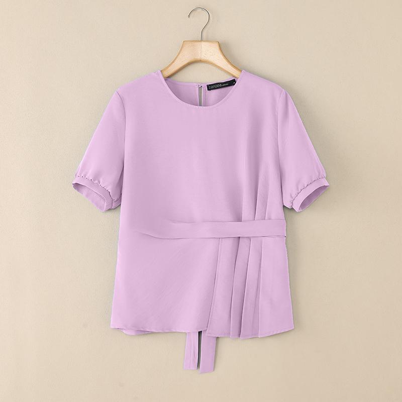 ZANZEA Women Summer Casual Round Neck Solid Color Short Sleeve Blouse