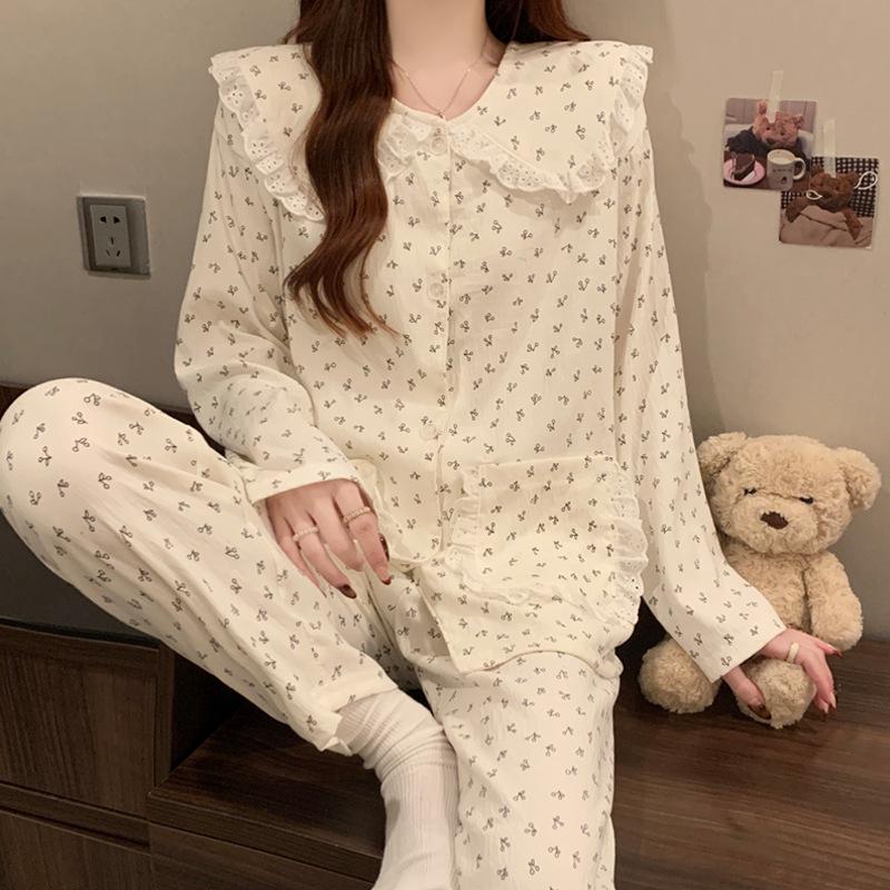 Women's Cartoon Lace Peter Pan Collar Cotton Pajamas - Long Sleeve, Spring/Fall, Winter Style