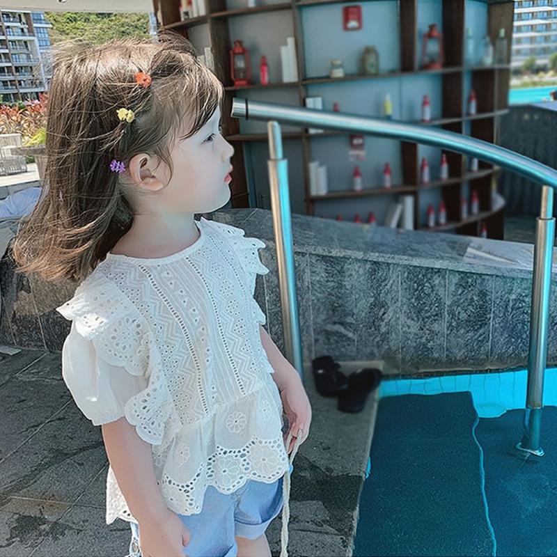 Chemise d'été pour filles, haut basique, conception à ourlet évidé