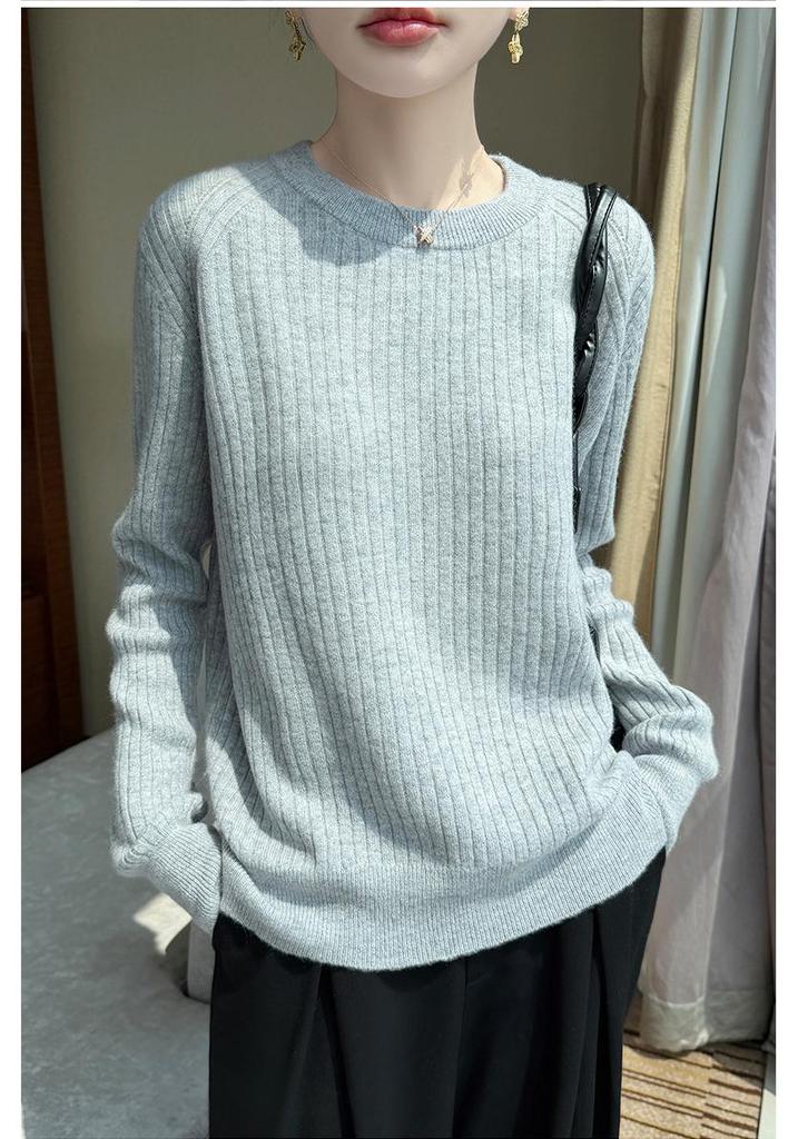 100% Wool Round Neck Long Sleeve Women's Solid Twill Ribbed Base Layer Top - 2026 Autumn/Winter Collection