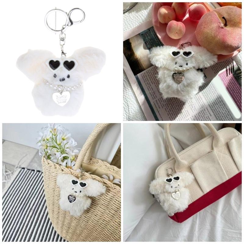 Handmade Rabbit Keychain with Glasses Bunnys Heart Charm Keyring for Women Plush Key Chain Pendant Car Bag Ornament