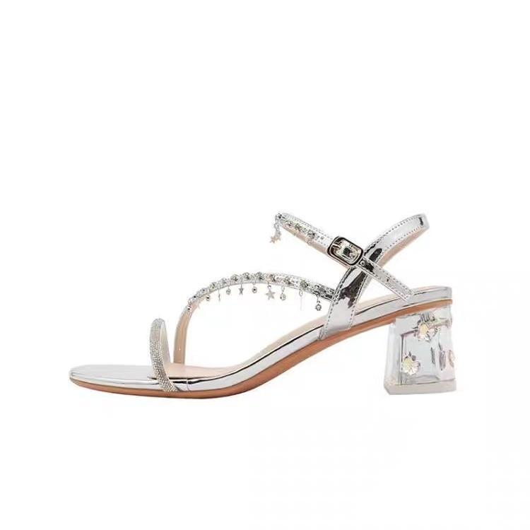 Rhinestone sandals women's summer 2025 new versatile fashion medium heel with thick heel shoes