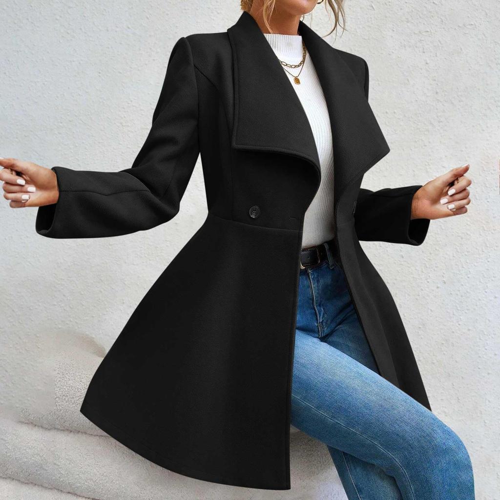 Women's Fashionable Solid-color Lapel Long-sleeved Woolen Coat