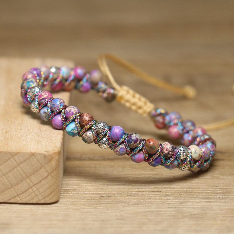 Purple Imperial Jasper Beaded Bracelet – Silver Accent Woven Boho Jewelry, Adjustable Colorful Healing Gift for Women