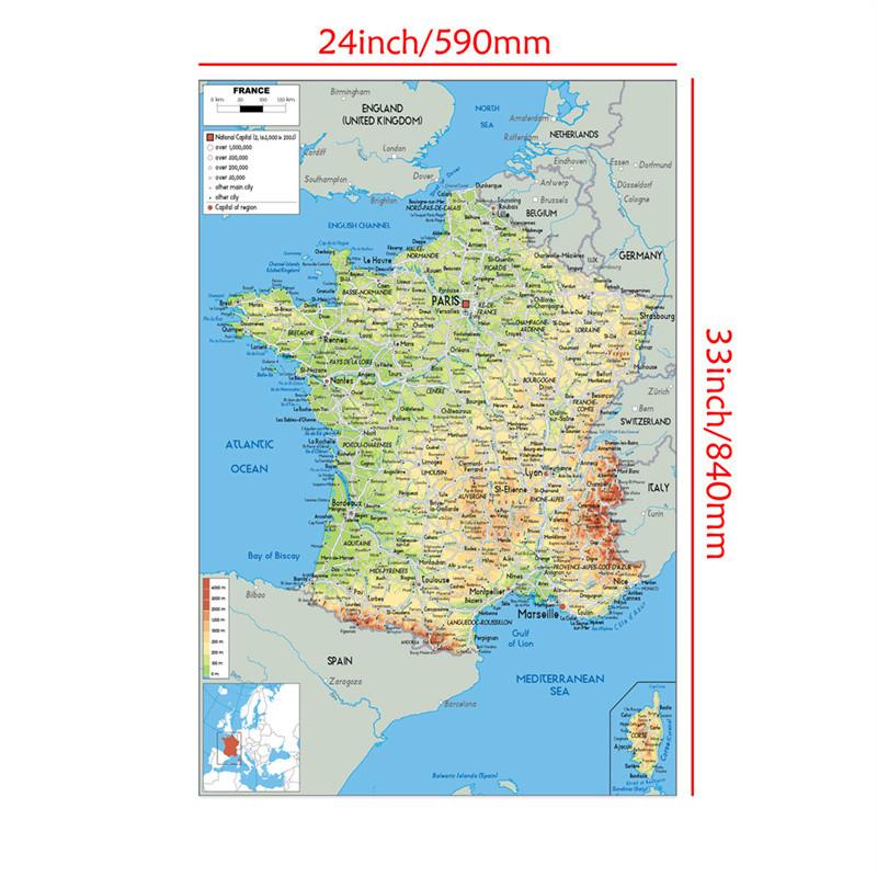 

English-France Map-Географическая карта, Художественный постер для дома, класса, в помещении/на улице, Образовательный постер, Путешествуйте, Без рамки 59*84cm