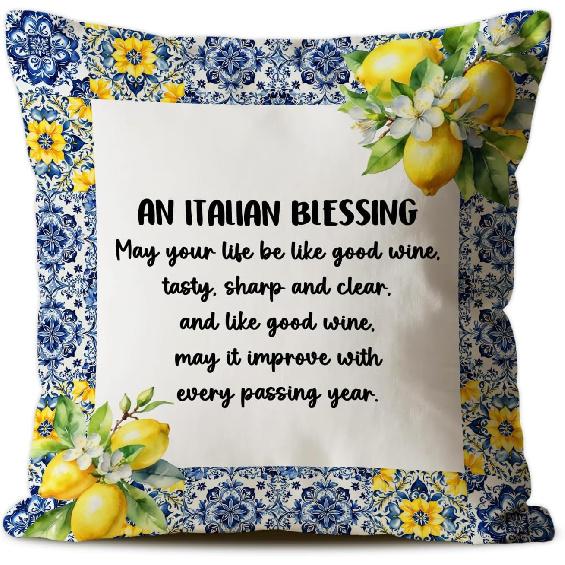Vintage Italian Blessing Throw Pillow Covers,Mediterranean Lemon Cushion for Home Decor,pirational Gifts for Women Friends,18x18 inch Blessing-01