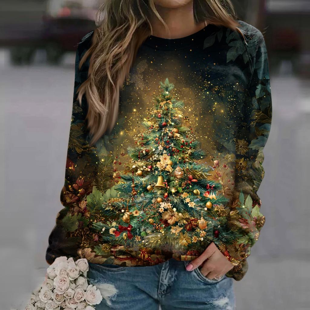 Women's Fashion Casual Long Sleeve Christmas Printed Neck Sweatshirt Top
