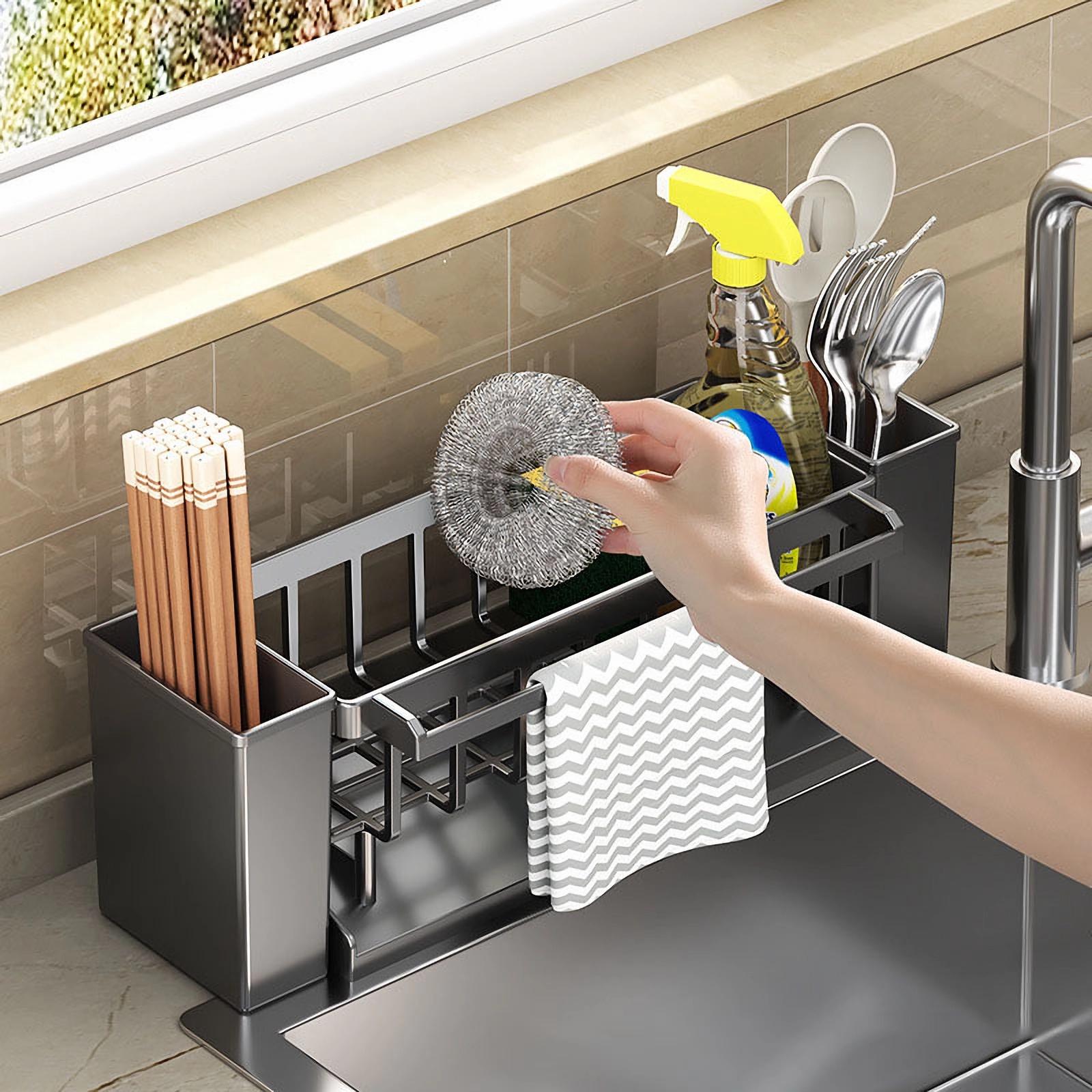 Kitchen Sink Organiser,Kitchen Sink Sponge Holder With Brush Holder,Rag Drain Rack,  Bathroom Organizer, Sink Faucet Sink Ra nero