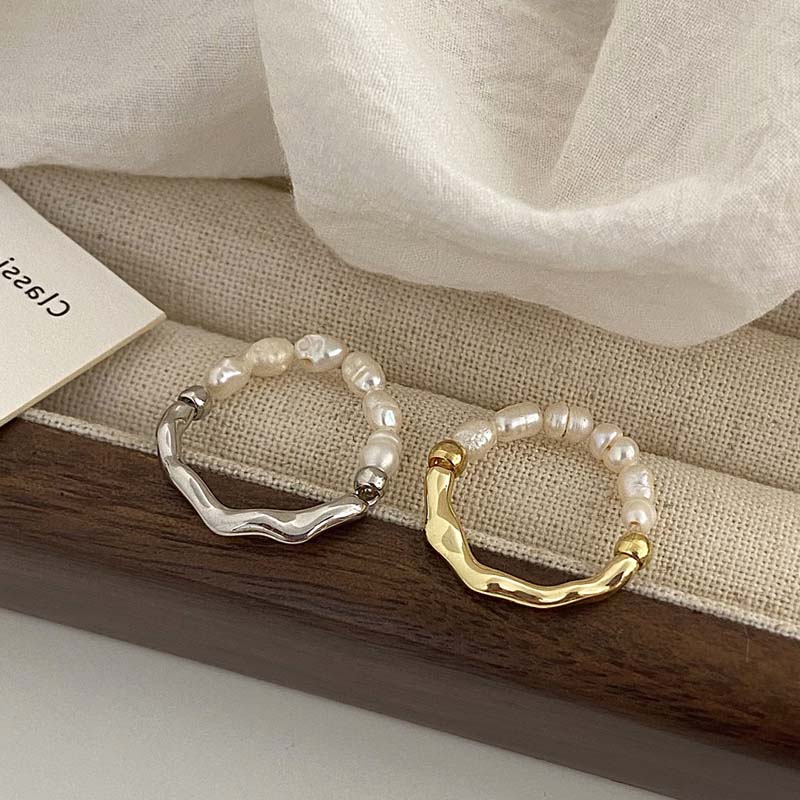 New Fashion Copper Color Pearl Beaded Rings For Women Simple Metal Irregular Geometric Finger Ring Wedding Jewelry Gift
