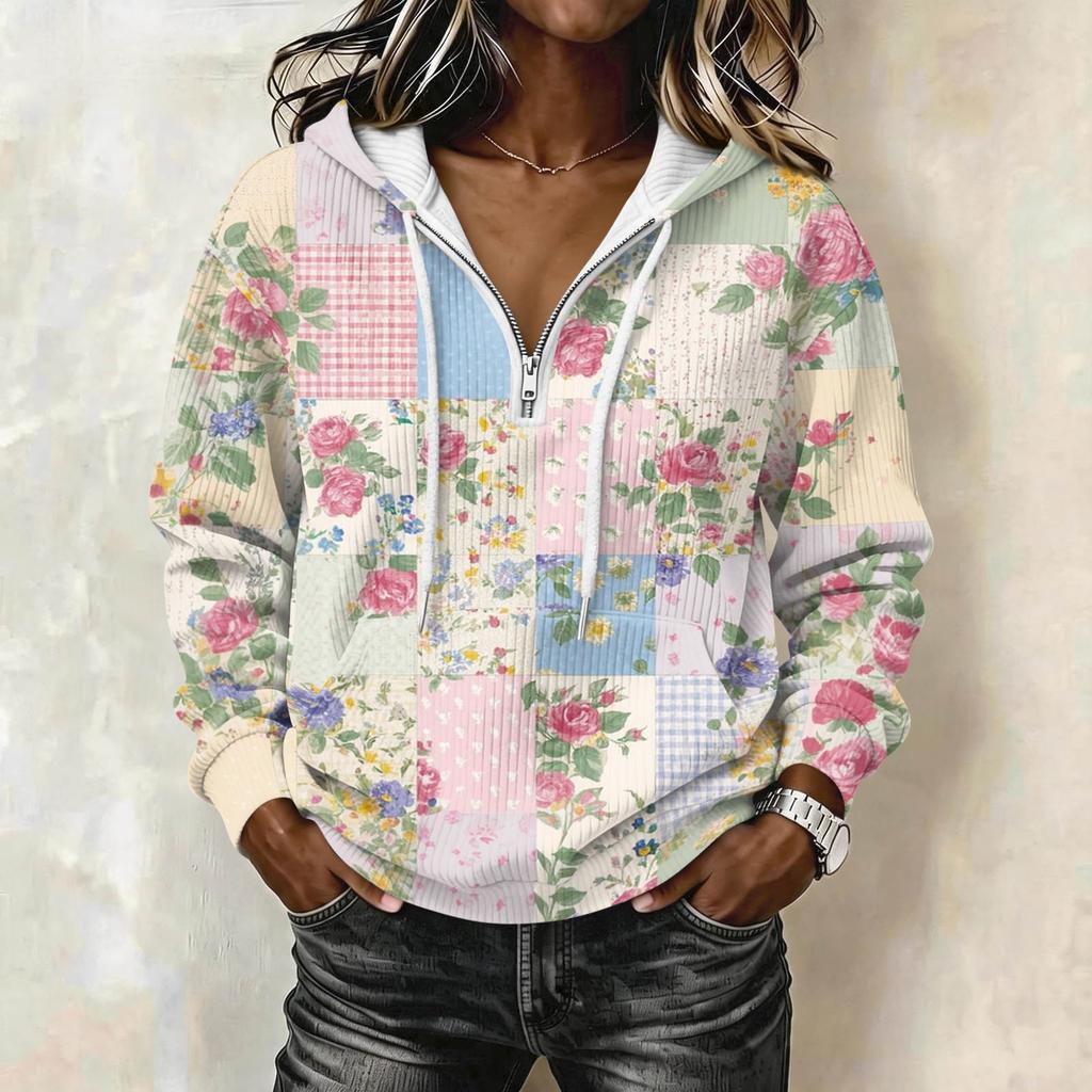 Women's Long Sleeve Color Block Print Pullover Hoodie with
