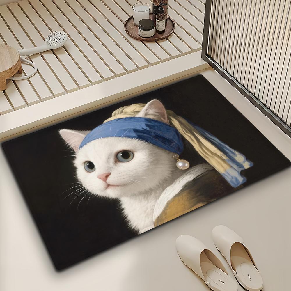 Girl with a Pearl Earring Cute Cat Microfiber Decorative Versatile Flannel Door Bath Floor Mat Quick Dry Absorbent Non-slip Sole