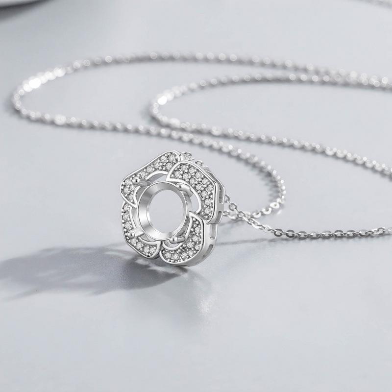 8.3mm S925 Sterling Silver French Chic Rose Camellia Necklace with Empty Setting Clavicle Chain