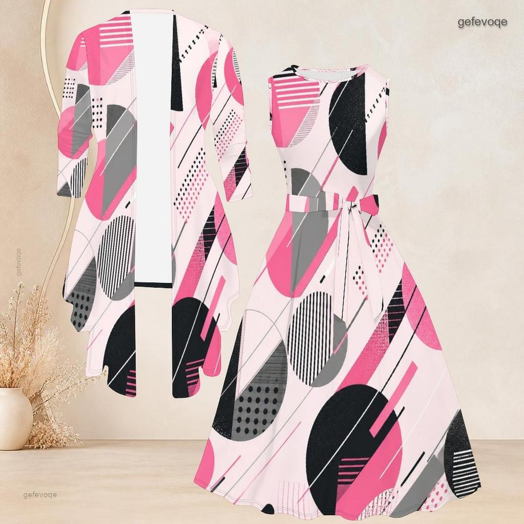 Women Plus Size Two Piece Set Sleeveless Round Neck Tie Waist Flared Dress 3 4 Sleeve Open Cardigan Green Geometric Printed