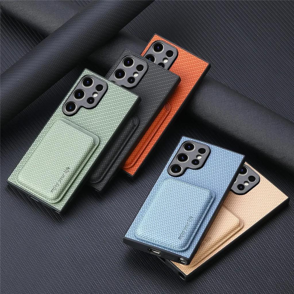 Magnetic Card Holder Phone Case for Samsung Galaxy S25 Ultra S24 Plus S23 S22 S21 FE S20 Carbon Fiber Texture Detachable Cover