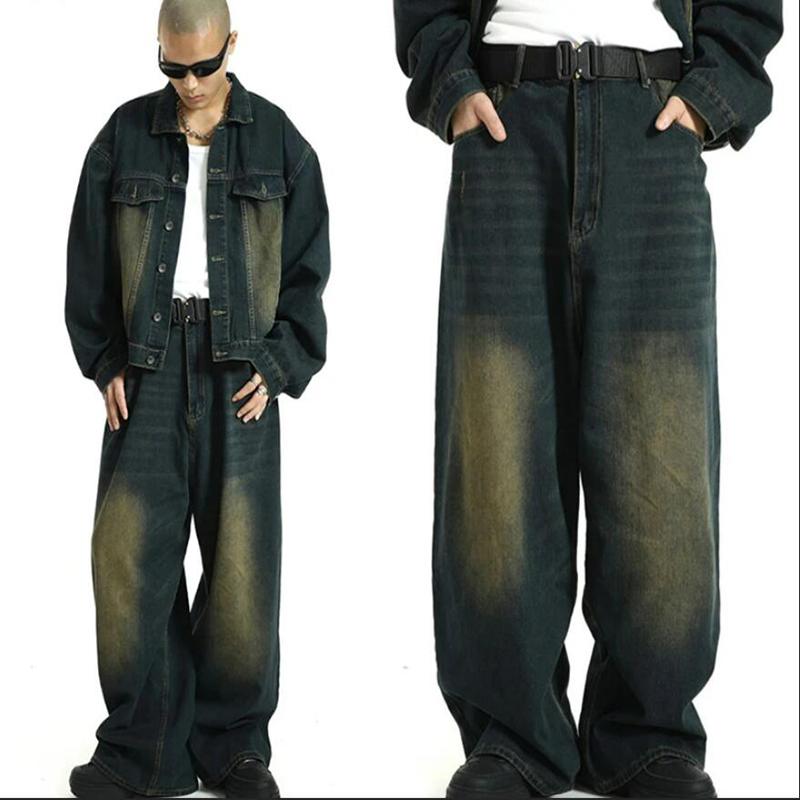 

Мужские мешковатые джинсы большого размера зеленого цвета с регулируемой талией, винтажные широкие брюки Y2k, брюки в стиле хип-хоп, повседневная рабочая одежда