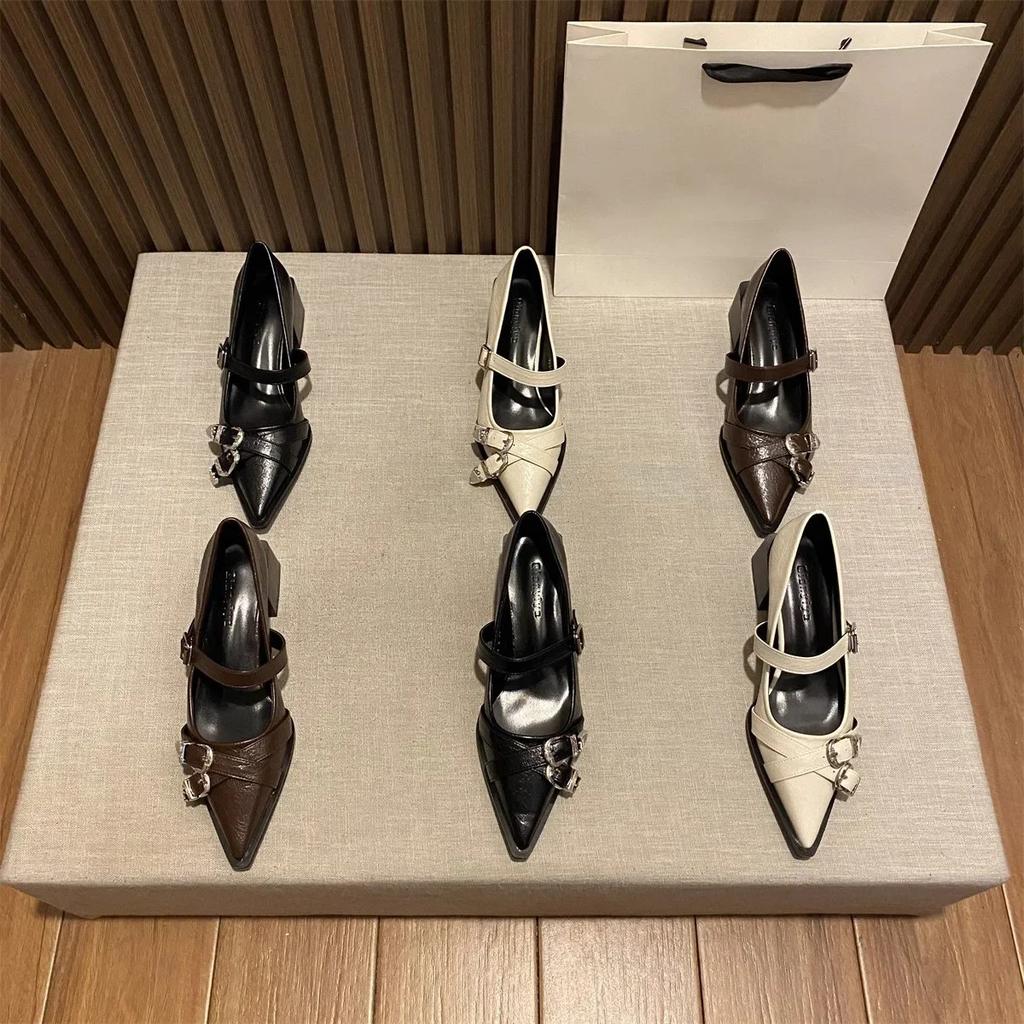 Spring Women's High Heels Sexy French Style Pointed Shoes Metal Decoration Paired Skirts Elegant Banquet Fashion Mary Jane 2025