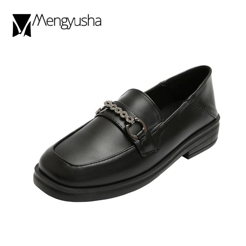 42/43 Plus Size Crystal Chain Derby Shoes Women Loafers Square Toe Flats British Small Leather Shoes Woman Thick Heels Oxfords