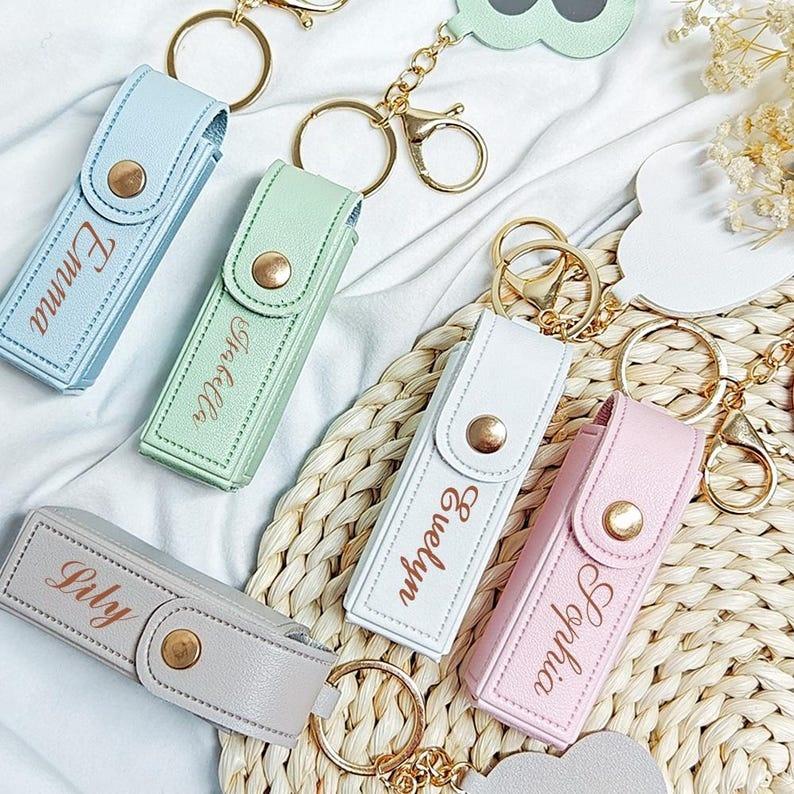 Custom Print Women Mini Portable Lipstick Storage Case Keychain Lipstick Bags With Heart Mirror