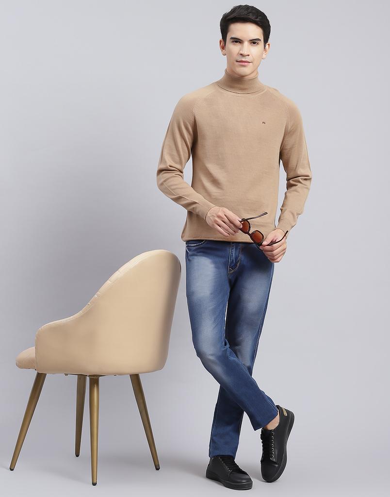 MONTE CARLO Mens Solid Camel Brown High Neck Full Sleeve Pullover