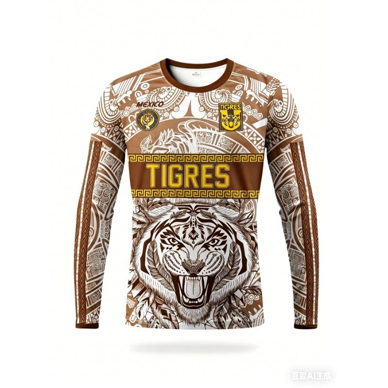 Mexican Aztec Men's Soccer Long-Sleeve Jersey Crew Neck Comfortable Sports Top for Competition, Training, Fitness, and Outdoors