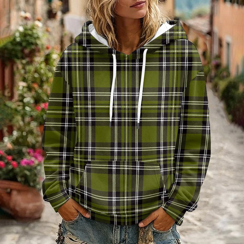 Women's Plaid Print Hooded Sweatshirt with Pockets And, Long Sleeve Casual Top