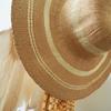 French Vacation Elegant Gold Stripe Big Brim Sun Protection Shade Straw Hat Women'S Summer Travel Beige Woven Top Hat